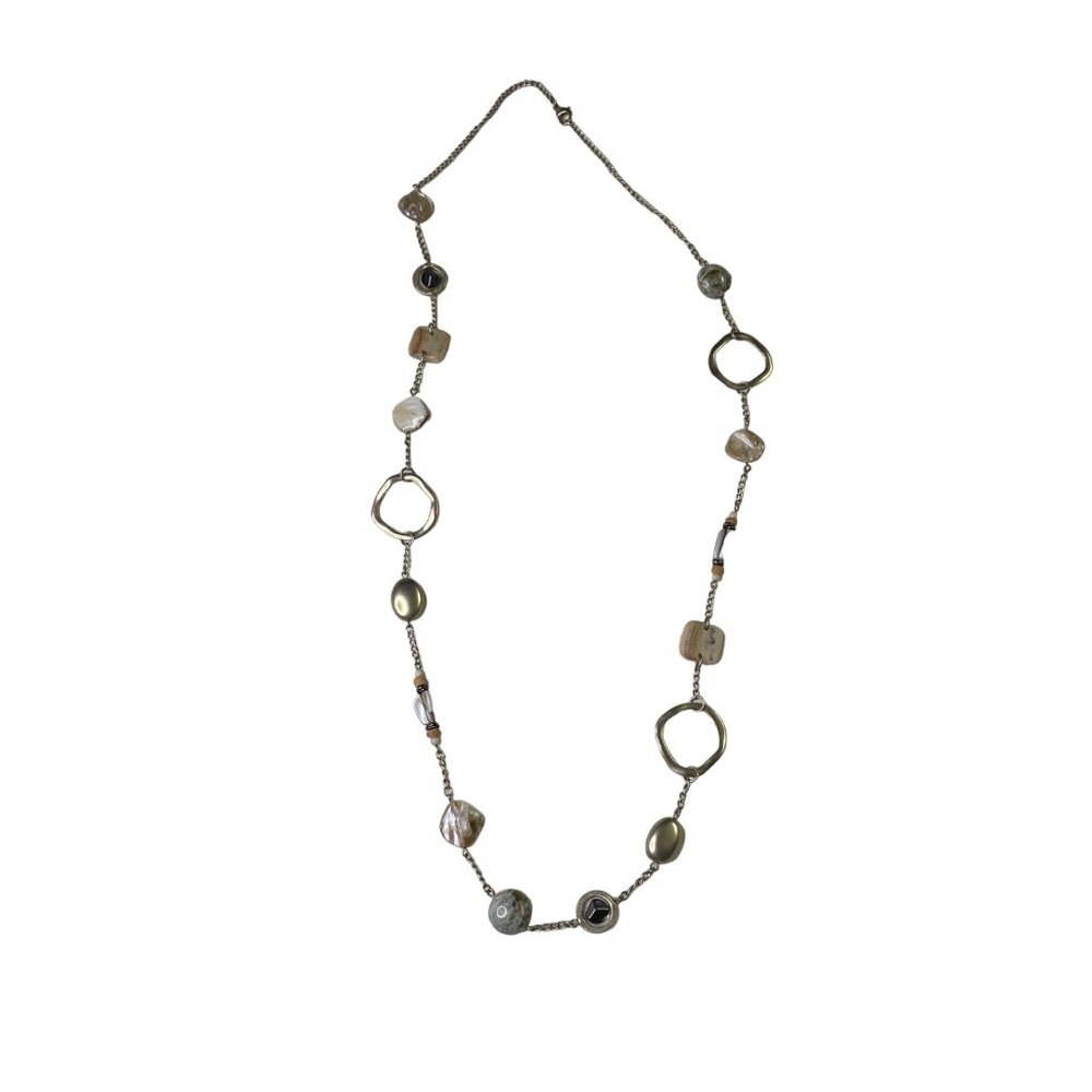 Long Silver Chain Rock Necklace Stone Metal Beads Womens Fashion Jewelry u